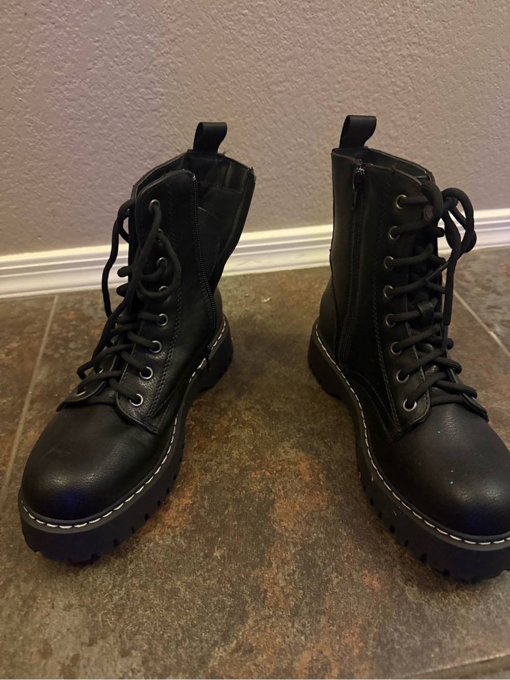 Black Lace-Up Combat Boots with Side Zip